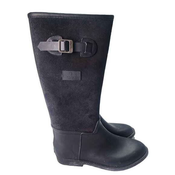 London Fog Mixed Media Flocked Leather & Rubber Knee High Boots Black Size 9-9.5 - Picture 1 of 12